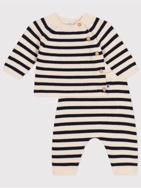 Petit Bateau Cream and Navy Striped Knit Baby 2-Piece Set 18m